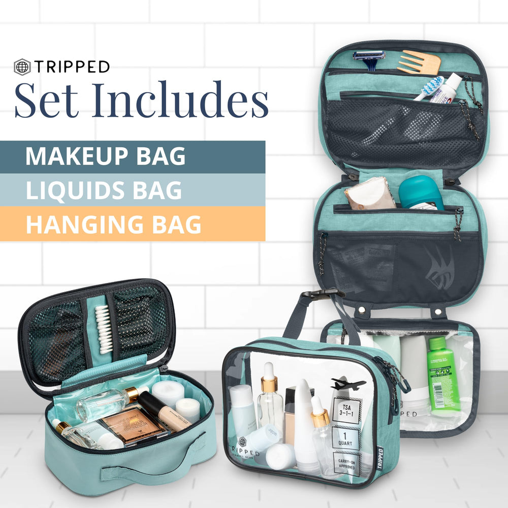 TRIPPED Toiletry Bag Set detachable clear bag enables quick liquid access.