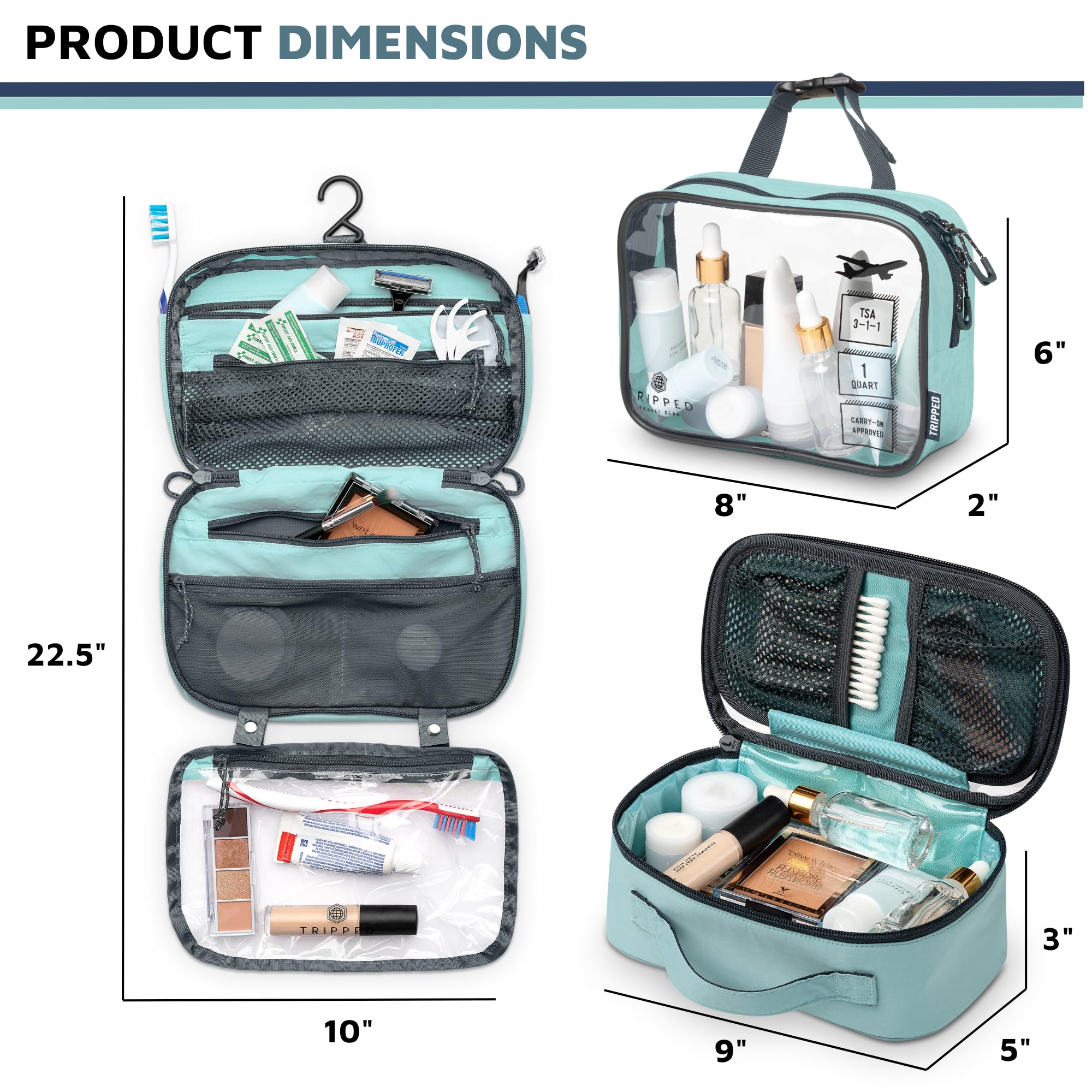 TRIPPED Toiletry Bag Set detachable liquid bag highlights TSA-ready convenience.