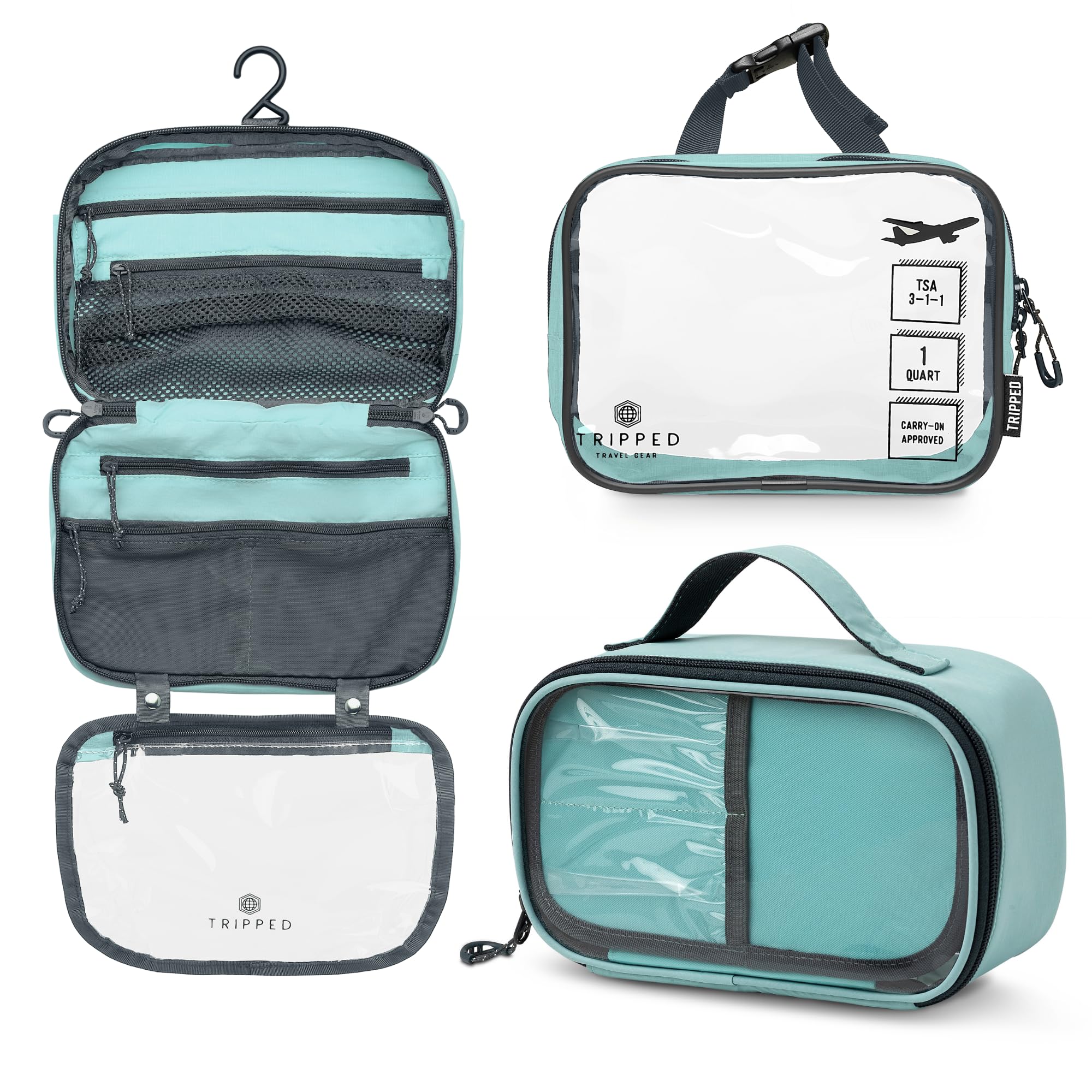 TRIPPED Toiletry Bag Set hanging with mesh pockets for organized travel.