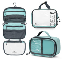 TRIPPED Toiletry Bag Set hanging with mesh pockets for organized travel.