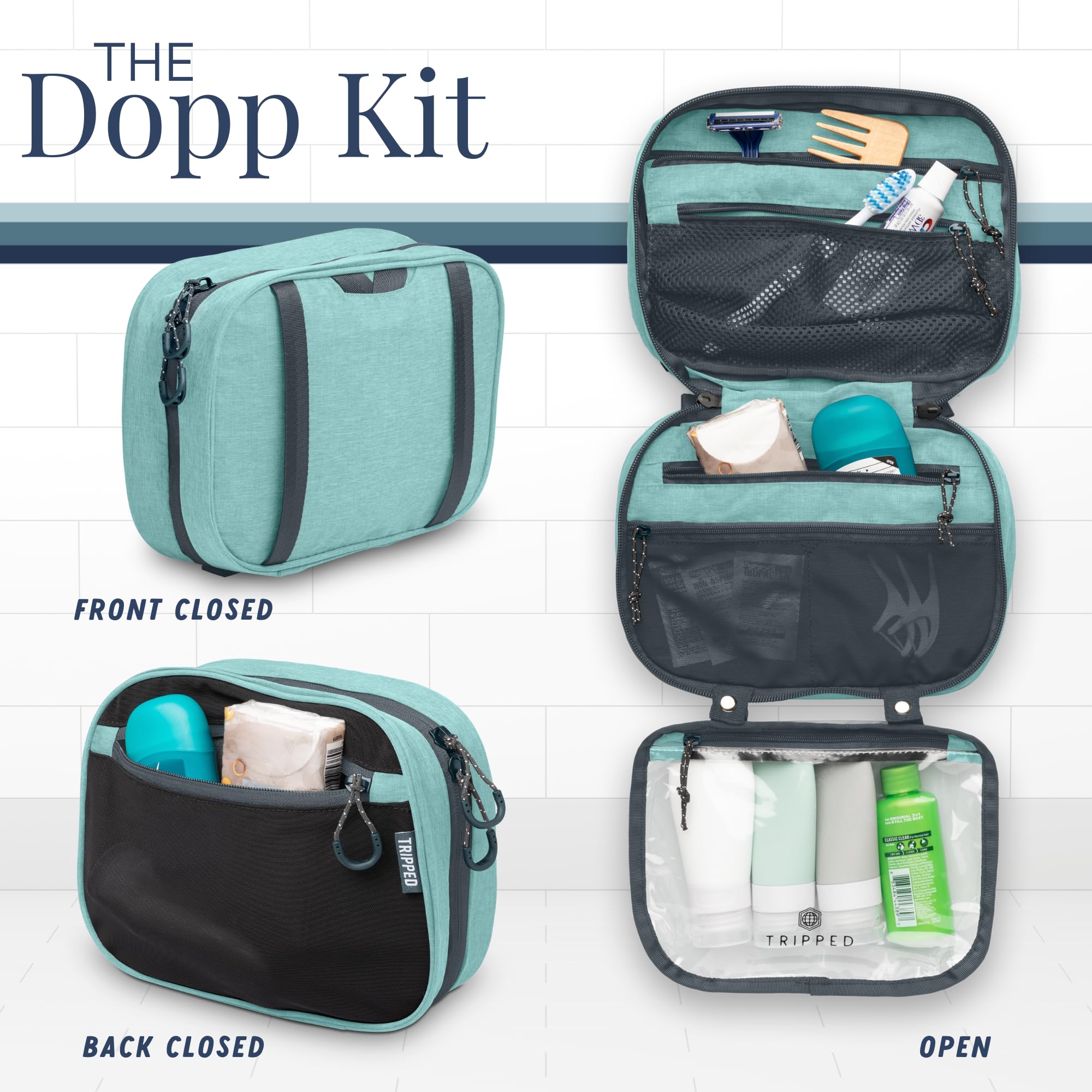 TRIPPED Toiletry Bag Set mesh pockets expand packing versatility on trips.