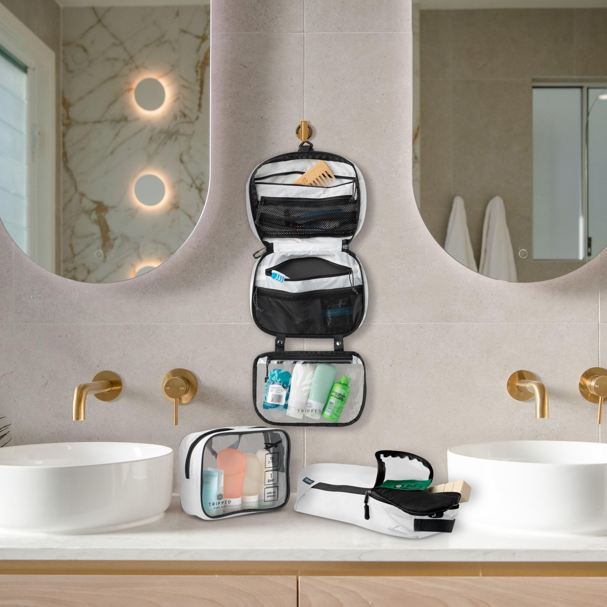 TRIPPED Travel Gear Toiletry Bag Kit Set TSA 311 liquid bag simplifies security screening.