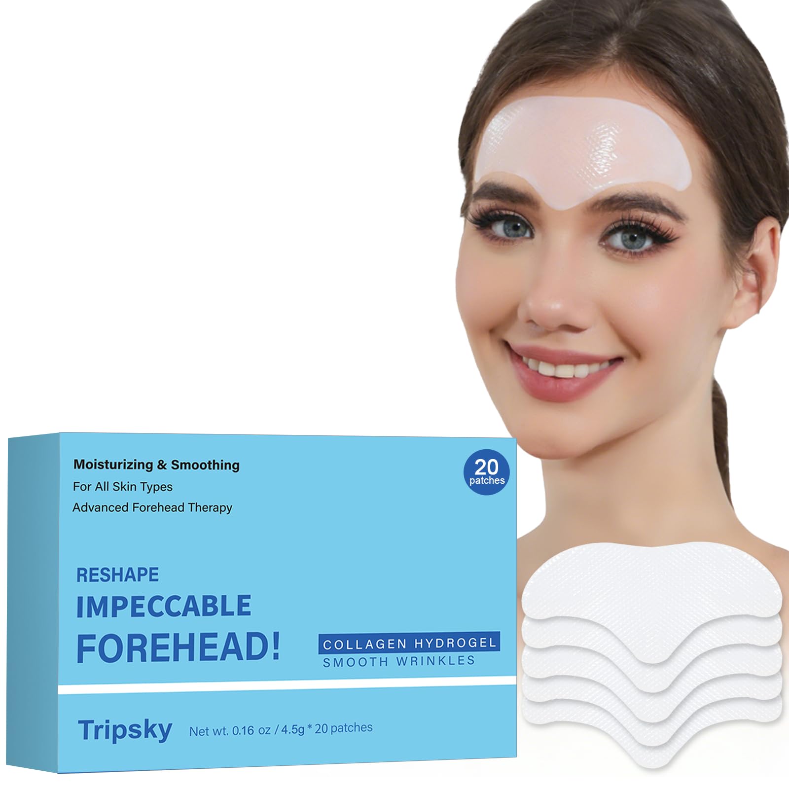 Tripsky forehead-wrinkle-patches packaging shows a 20-piece white kit for at-home smoothing.