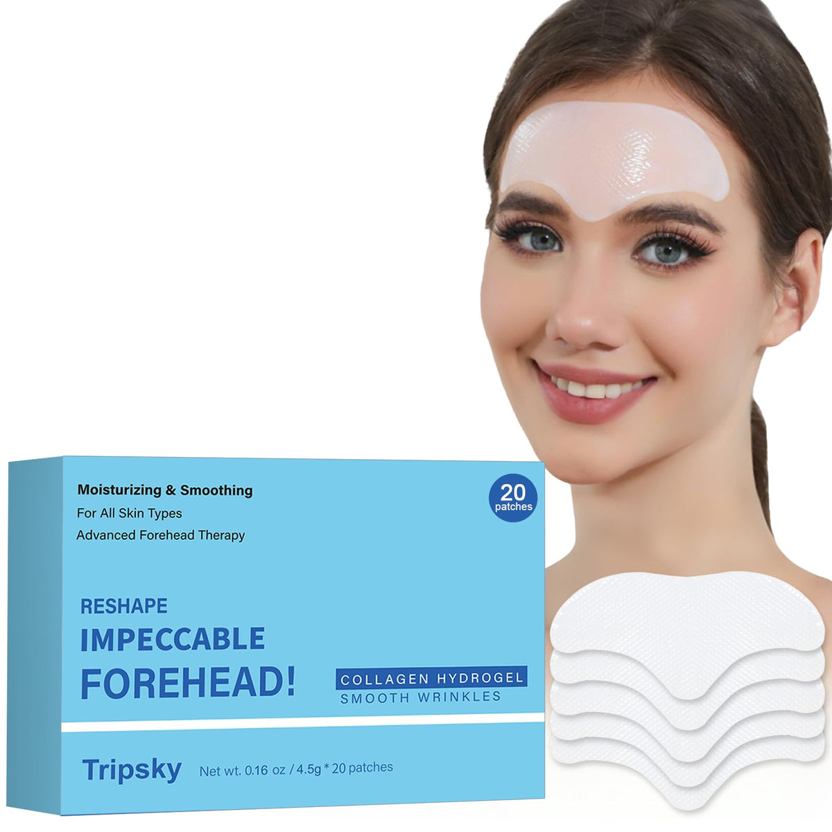 Tripsky forehead-wrinkle-patches packaging shows a 20-piece white kit for at-home smoothing.