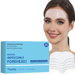 Tripsky forehead-wrinkle-patches packaging shows a 20-piece white kit for at-home smoothing.