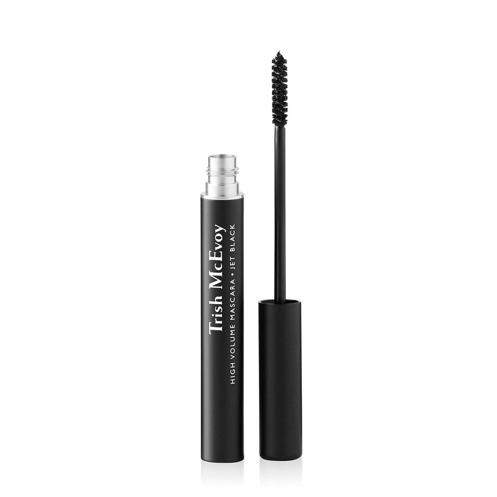 Trish McEvoy High Volume Mascara bottle close-up shows voluminous lashes and smudge-resistant potential