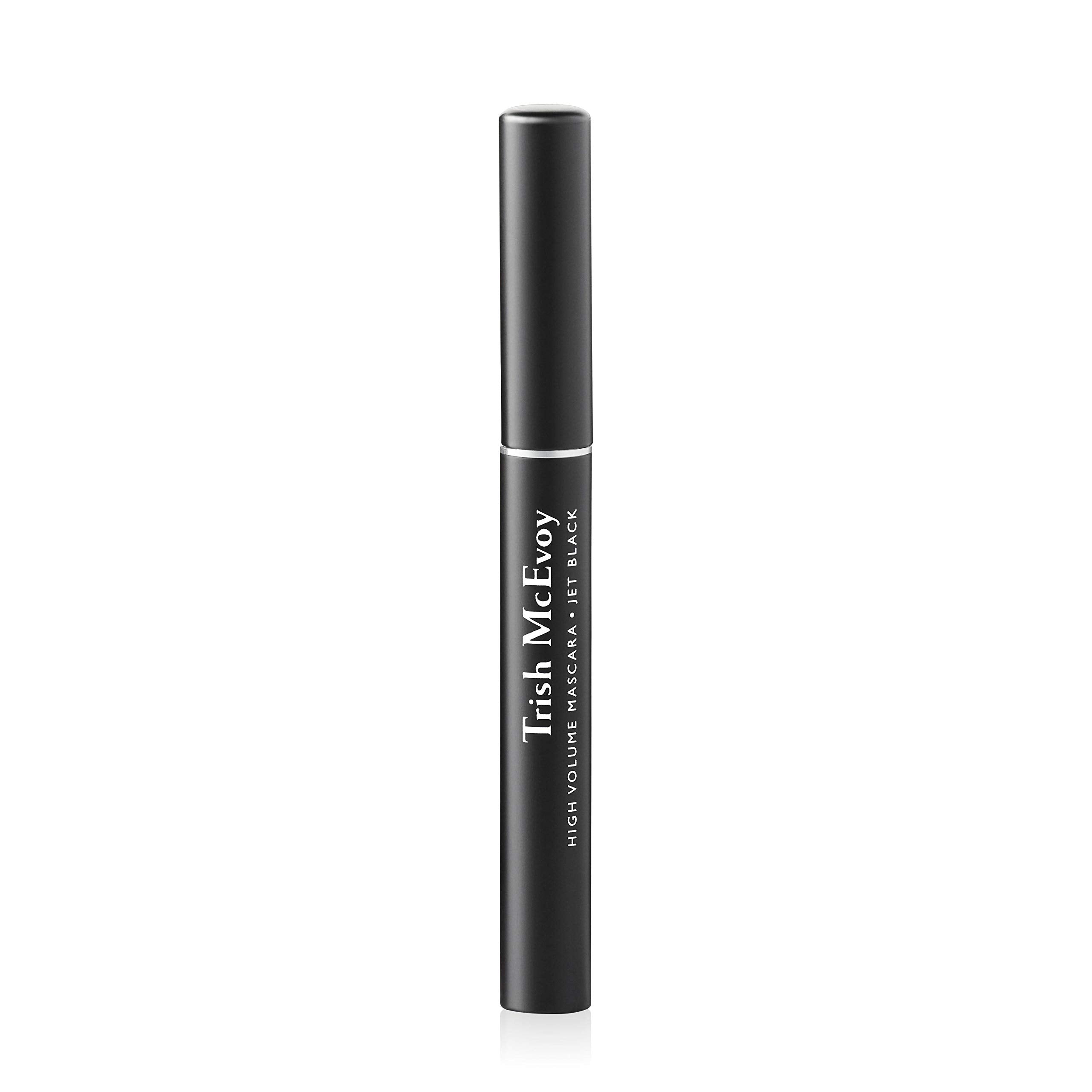 Trish McEvoy High Volume Mascara tube detail emphasizes polymer-based formula for easy removal