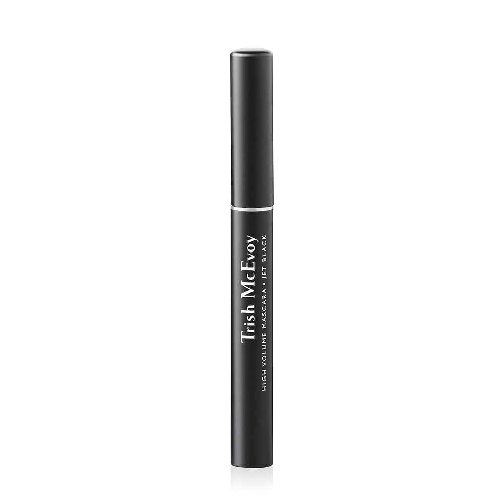 Trish McEvoy High Volume Mascara tube detail emphasizes polymer-based formula for easy removal