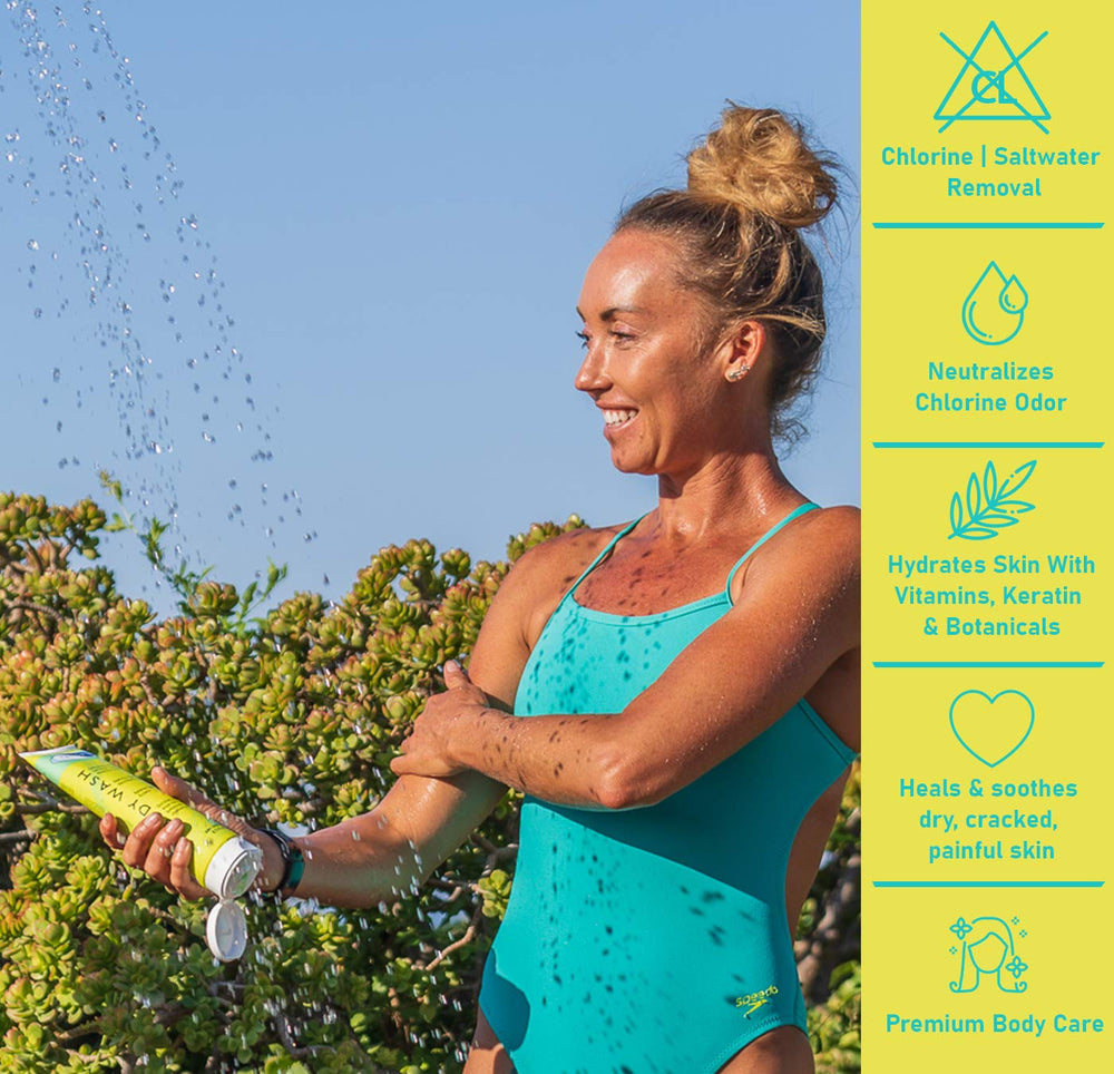 TRISWIM Aloe vera and Vitamin E enriched formula nourishes skin after chlorine exposure.