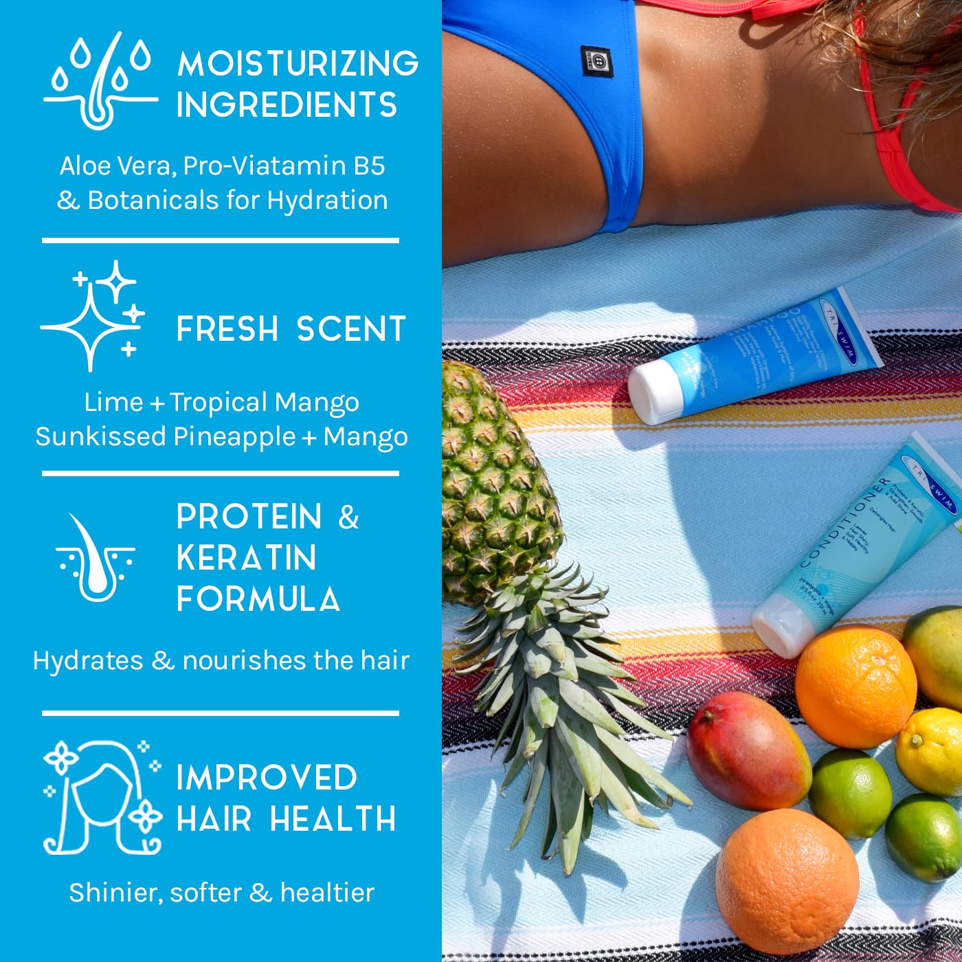 TRISWIM Chlorine Out Conditioner tube nourishes hair with keratin and proteins.