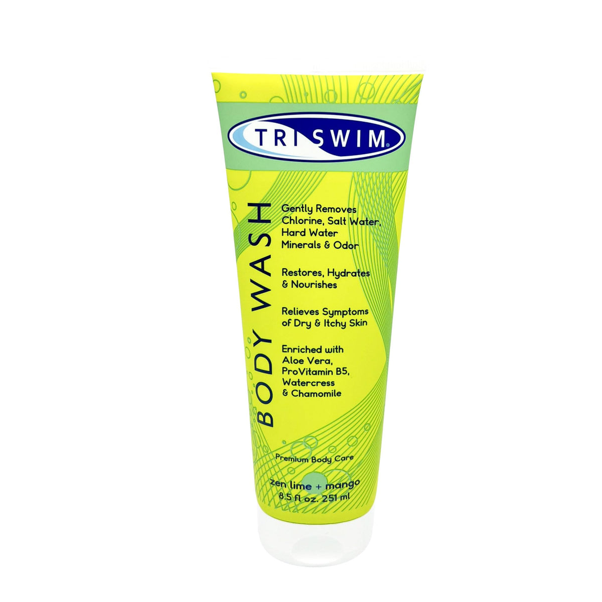TRISWIM chlorine removal body wash bottle on shelf for post-swim refreshment.