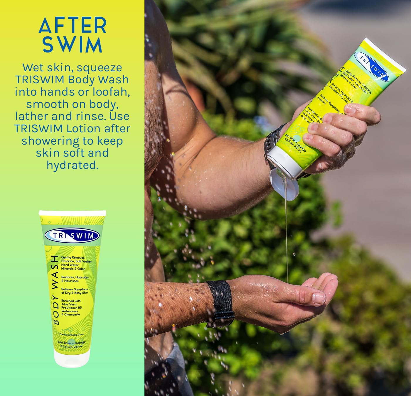 TRISWIM chlorine removal body wash foamy lather cleanses chlorine and salt residue gently.