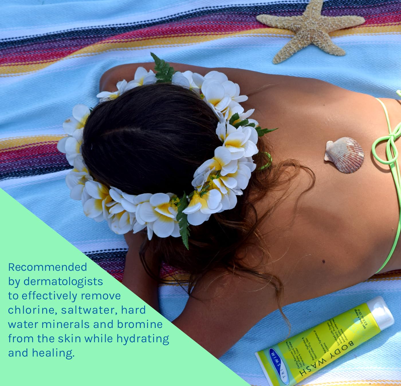 TRISWIM chlorine removal body wash packaging highlights 8.5 fl oz size and benefits.