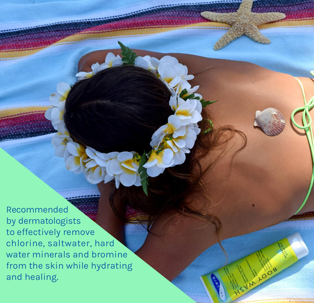 TRISWIM chlorine removal body wash packaging highlights 8.5 fl oz size and benefits.