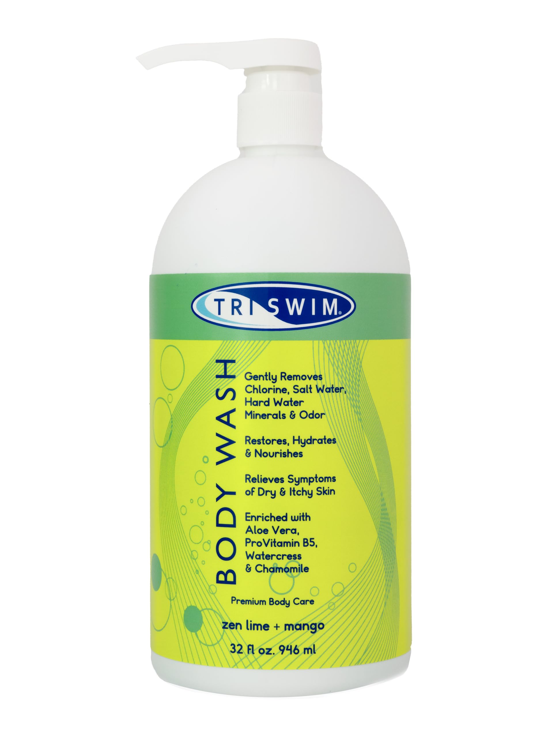 TRISWIM Chlorine-Out Body Wash bottle pouring to remove chlorine after swimming.