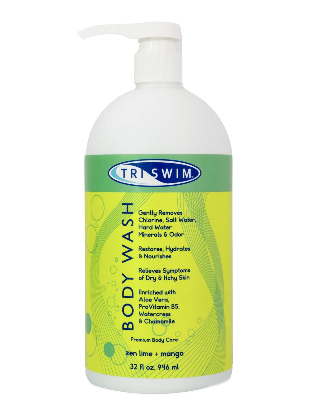 TRISWIM Chlorine-Out Body Wash bottle pouring to remove chlorine after swimming.