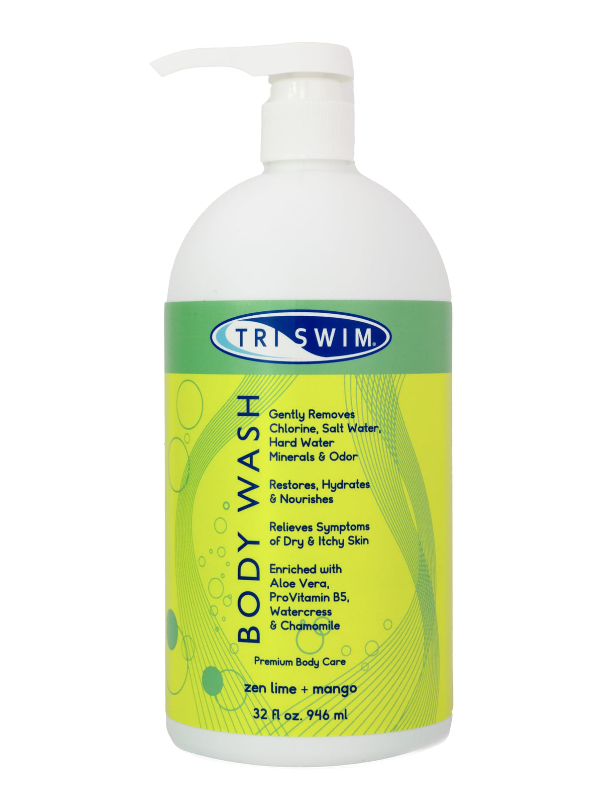 TRISWIM Chlorine-Out Body Wash bottle pouring to remove chlorine after swimming.