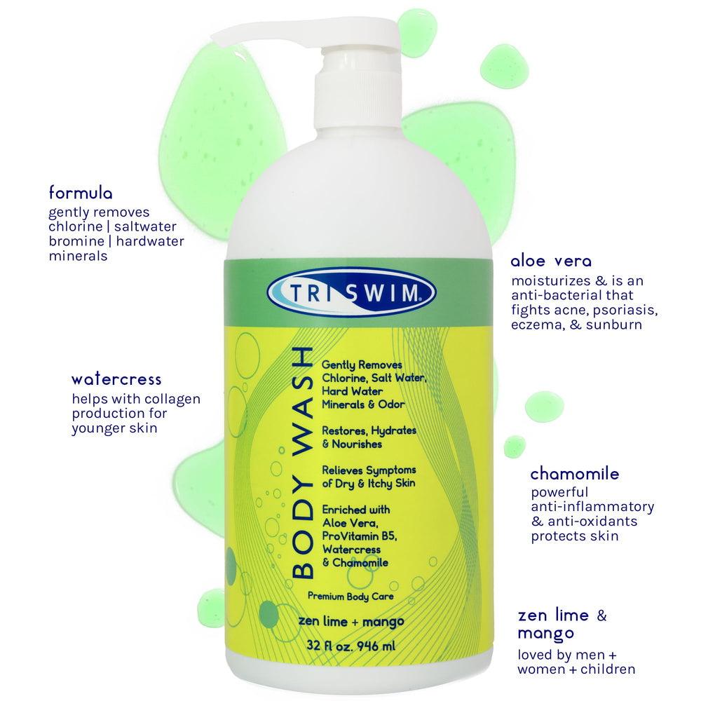 TRISWIM Chlorine-Out Body Wash Zen Lime Mango scent bottle close-up for refreshing post-swim.
