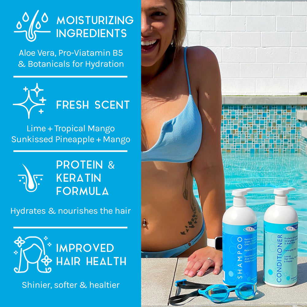 TRISWIM conditioner 32oz bottle pour delivers moisture after swimming.