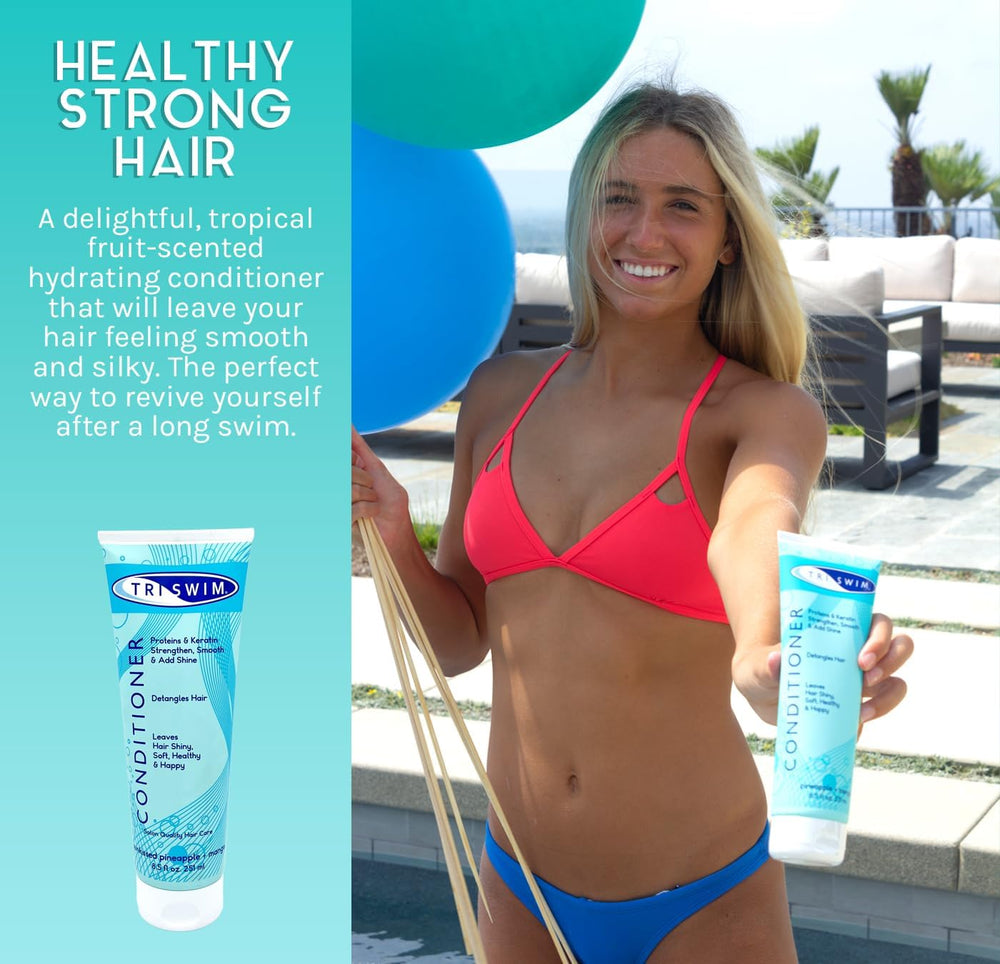 TRISWIM conditioner being applied to hair demonstrates detangling after chlorine exposure.