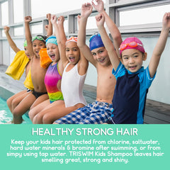 TRISWIM Kids Chlorine Removal Shampoo label close-up highlights aloe hydration and vitamin A benefits.