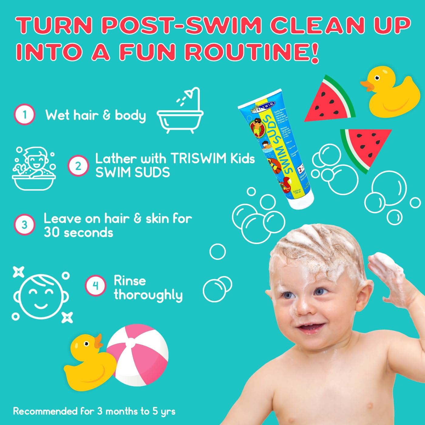 TRISWIM Kids Swim Suds bath time scene promotes fruity watermelon scent after-swim freshness.