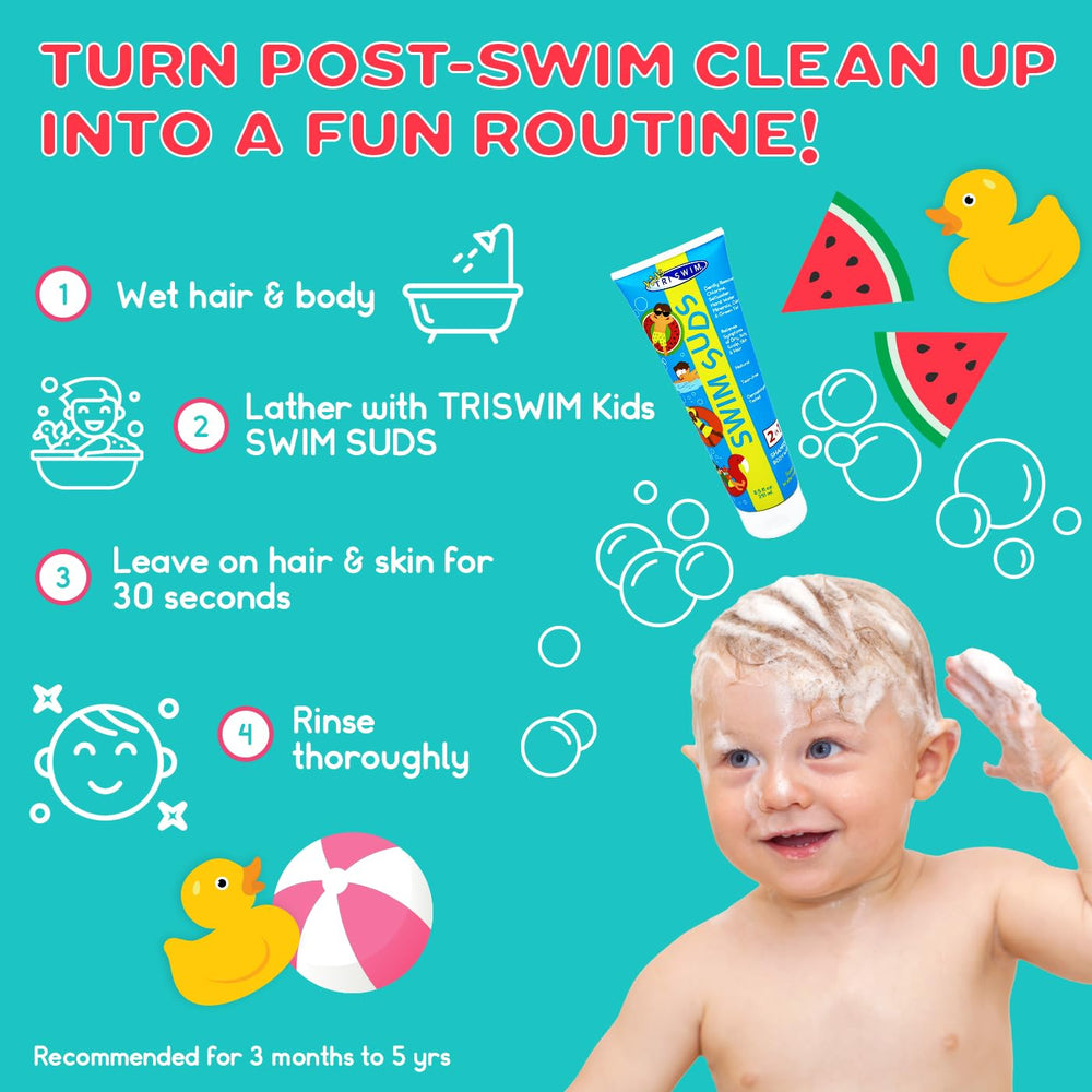 TRISWIM Kids Swim Suds bath time scene promotes fruity watermelon scent after-swim freshness.