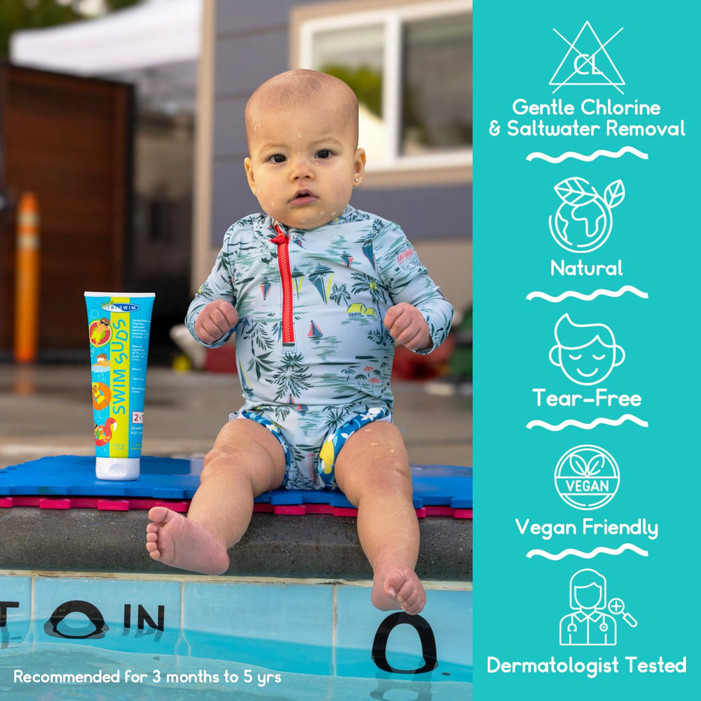 TRISWIM Kids Swim Suds tub-close view shows vegan, cruelty-free formula for gentle cleansing.