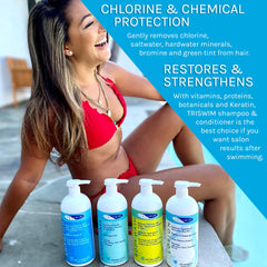 TRISWIM shampoo closeup highlights chamomile and watercress for scalp comfort.