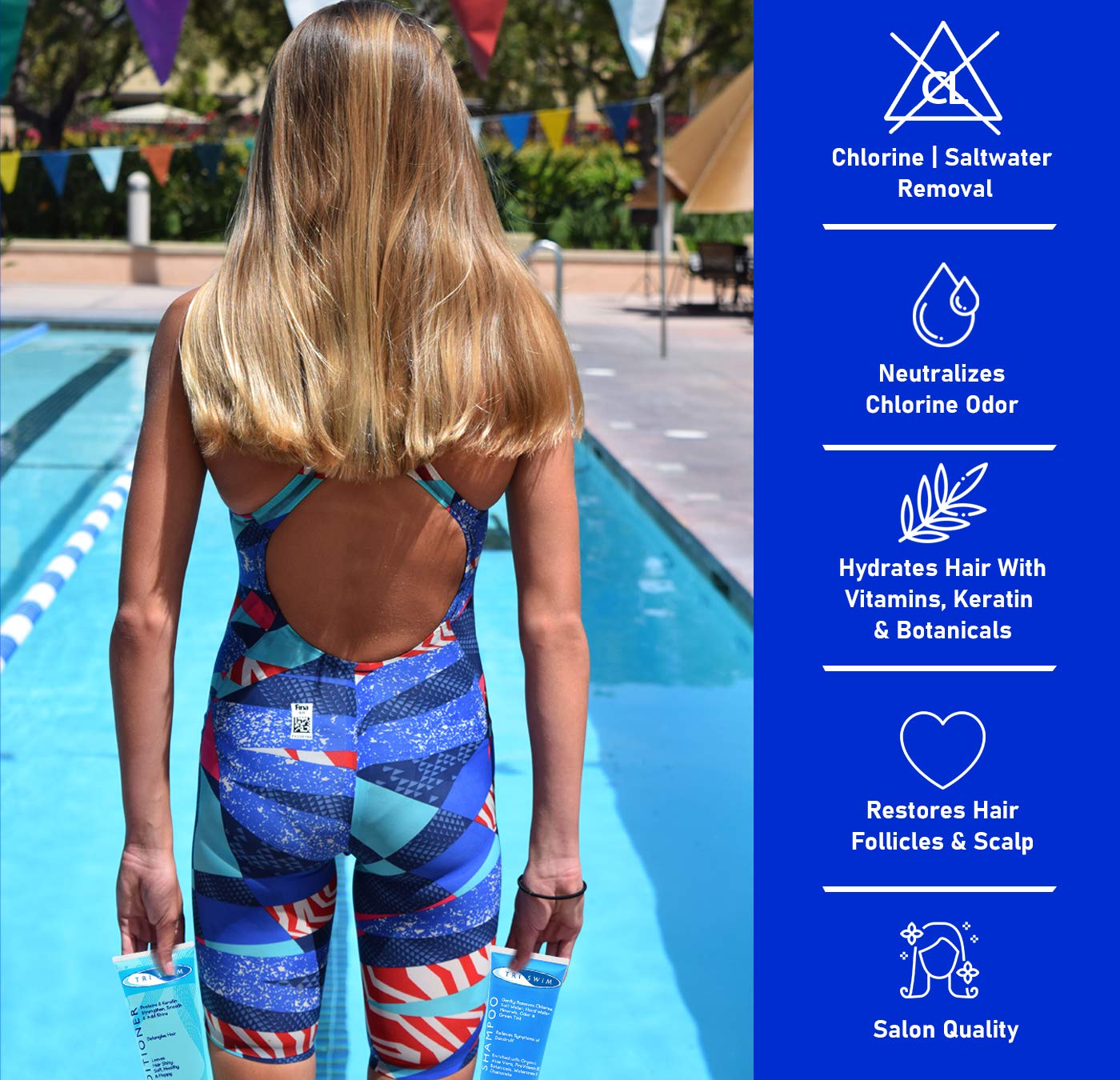 TRISWIM shampoo label close-up emphasizes chlorine removal and conditioning benefits