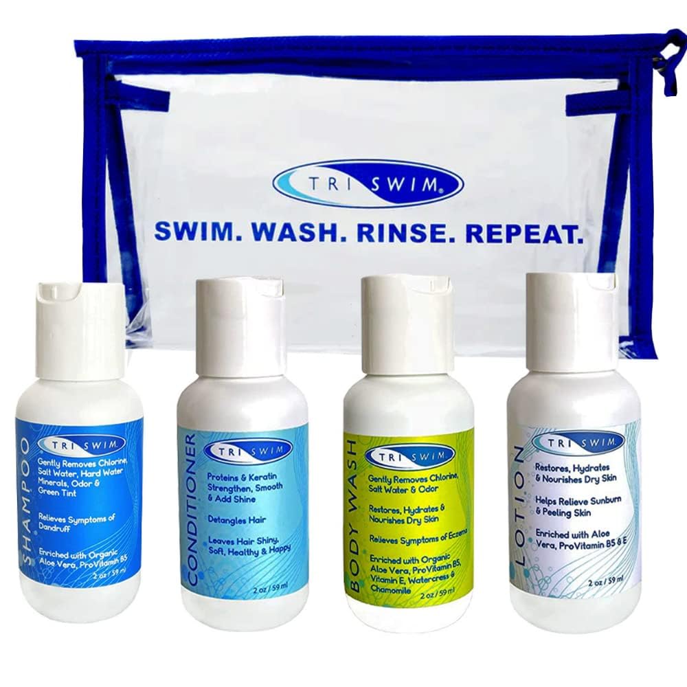 TRISWIM Shot Set Travel Bag showing all-in-one chlorine care for travelers.