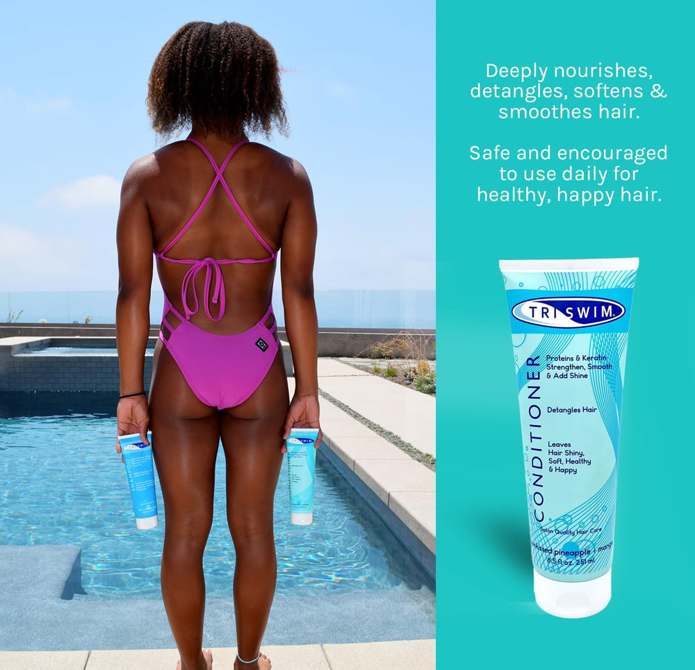 TRISWIM conditioner packaging detail emphasizing keratin-protein ingredients.