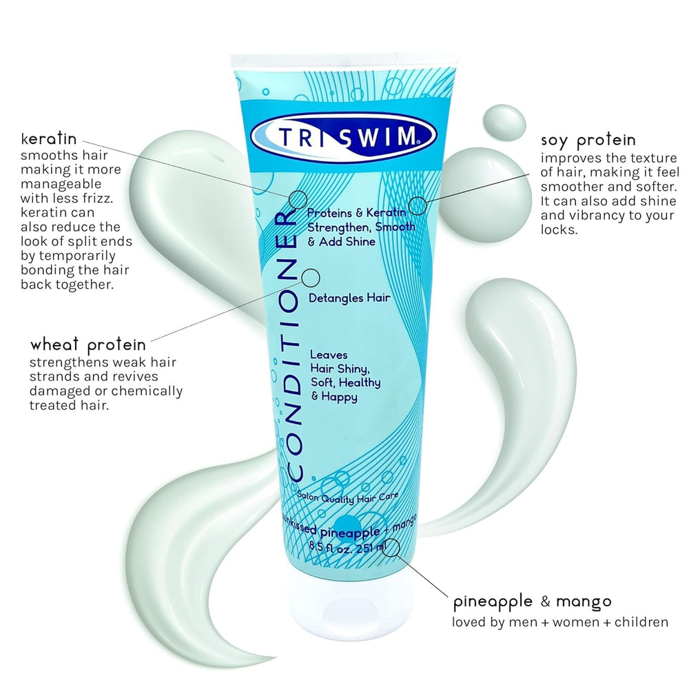 TRISWIM swim conditioner label and cap scene showcases paraben-free formula.