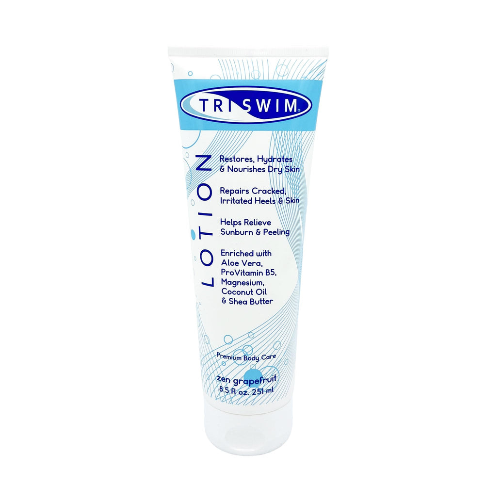 TRISWIM Swim Lotion 8.5oz bottle with pump for easy post-swim moisturizing.