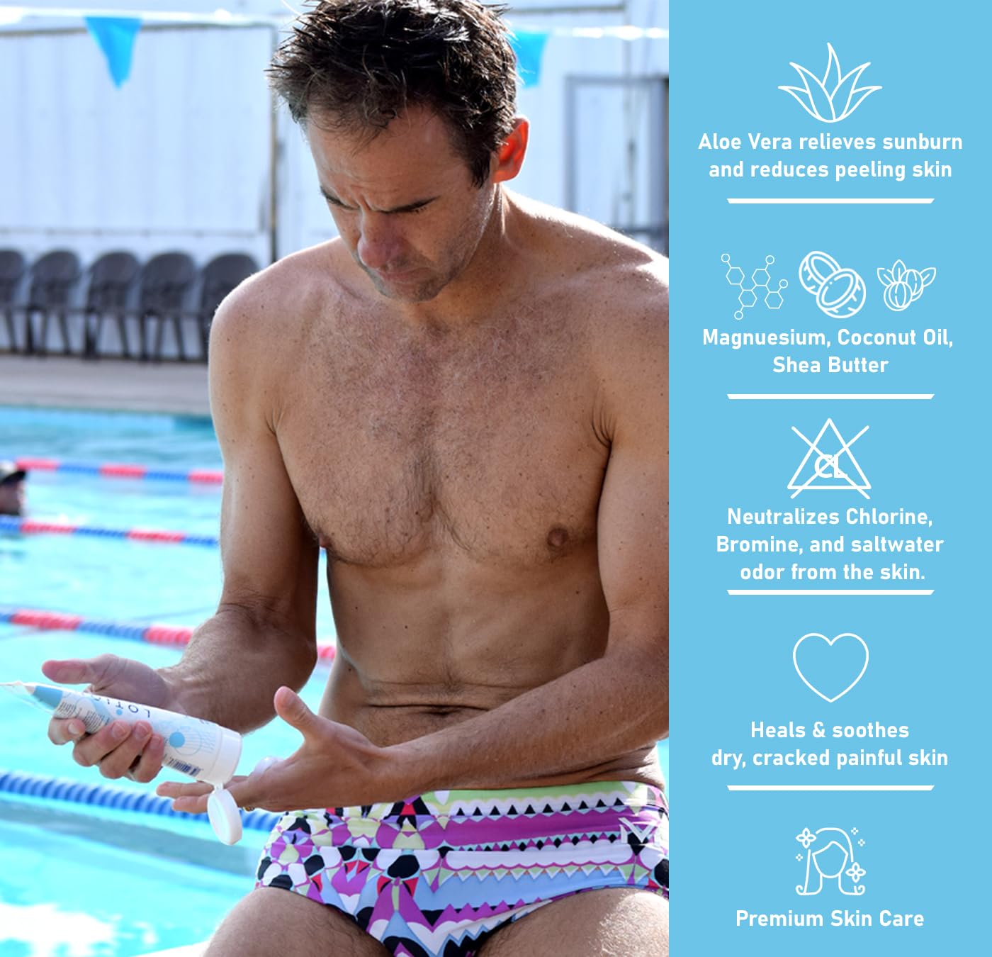 TRISWIM Swim Lotion with Aloe moisturizes skin after swimming sessions.