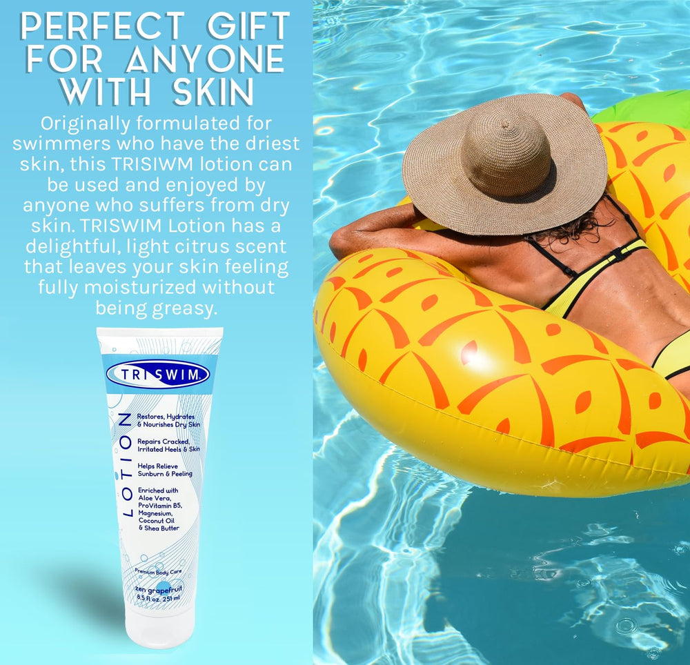 TRISWIM Swim Lotion suitable for pre- and post-swim use across skin types.