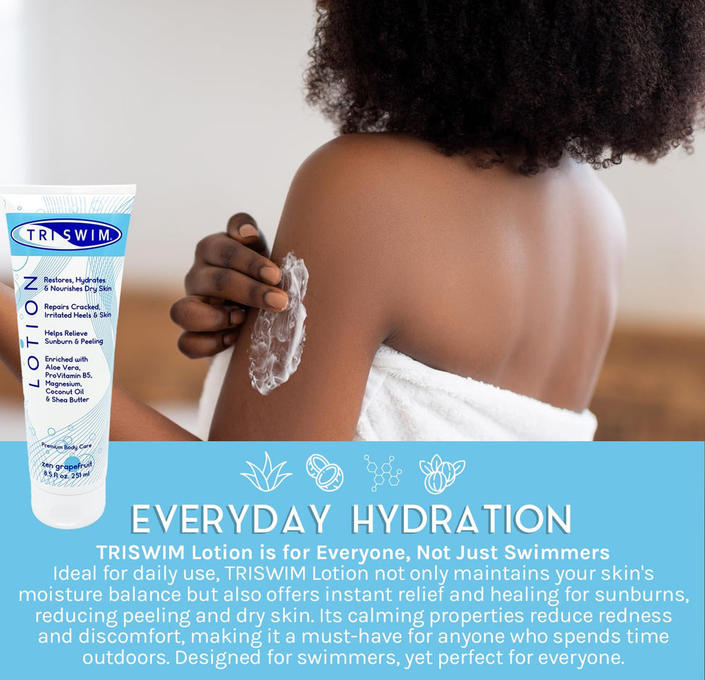 TRISWIM Swim Lotion USMS badge signals trusted after-swim skin care.