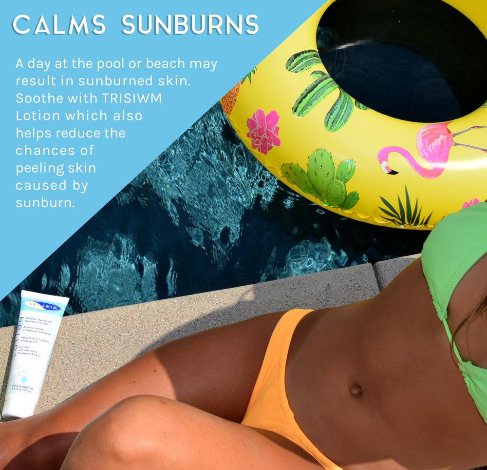 TRISWIM Swim Lotion contains Vitamin E and Pro-Vitamin B5 for hydration.