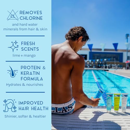 TRISWIM swim shampoo bottle demonstrating chlorine removal for healthier hair