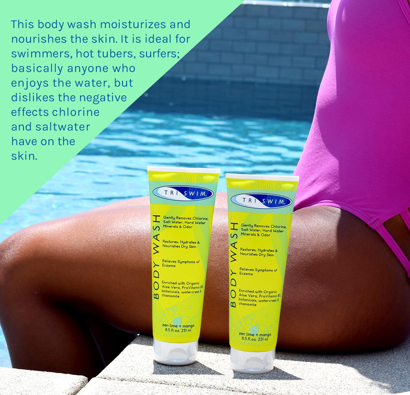 TRISWIM swimmer applying body wash after swim demonstrates easy daily use.