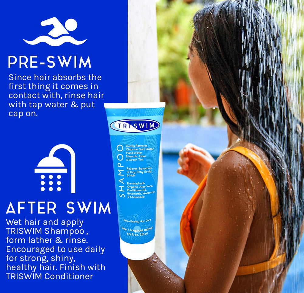 TRISWIM swimmer hair after use shows soft, hydrated strands post-swim