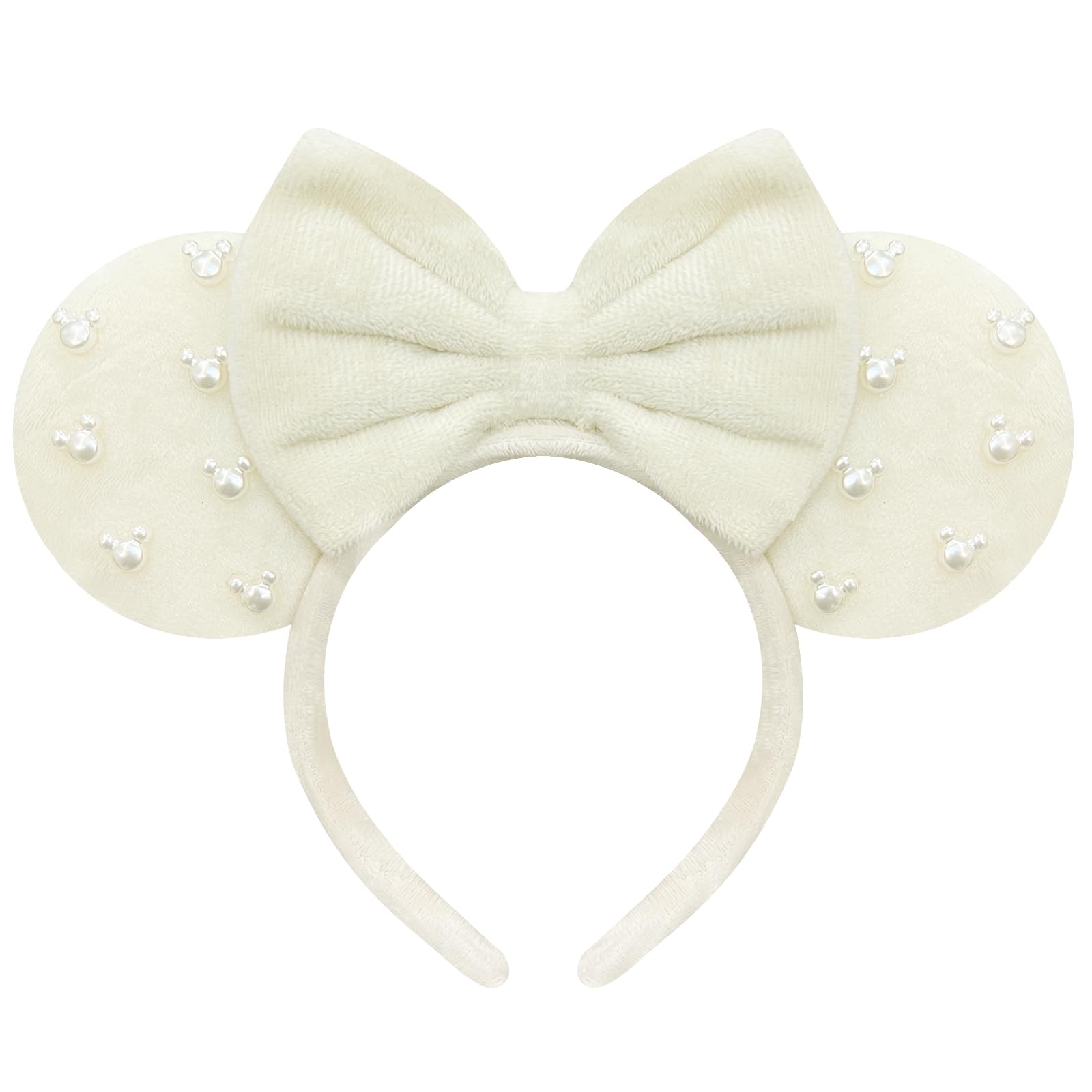 Trnerm beige fuzzy mouse ears headband with beads and bows, perfect for cosplay and parties.