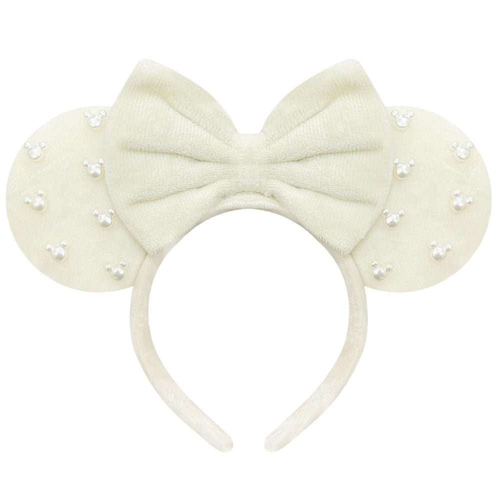 Trnerm beige fuzzy mouse ears headband with beads and bows, perfect for cosplay and parties.