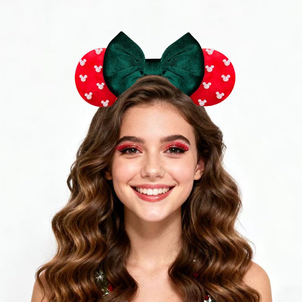 Trnerm beige mouse ears headband with bows for cosplay, parties, or holiday photos.