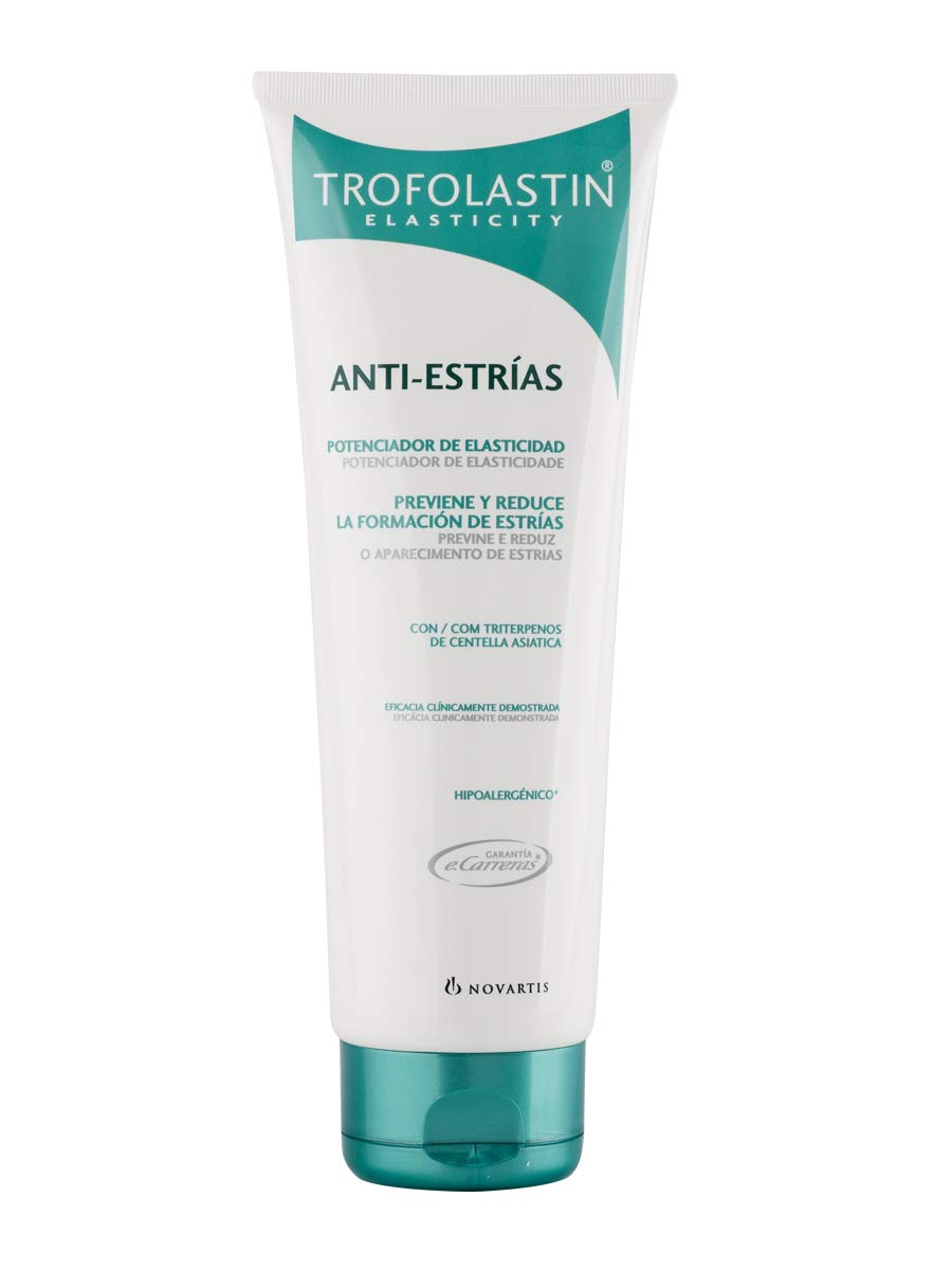 Trofolastin anti-stretch cream bottle helps prevent stretch marks and supports elasticity.