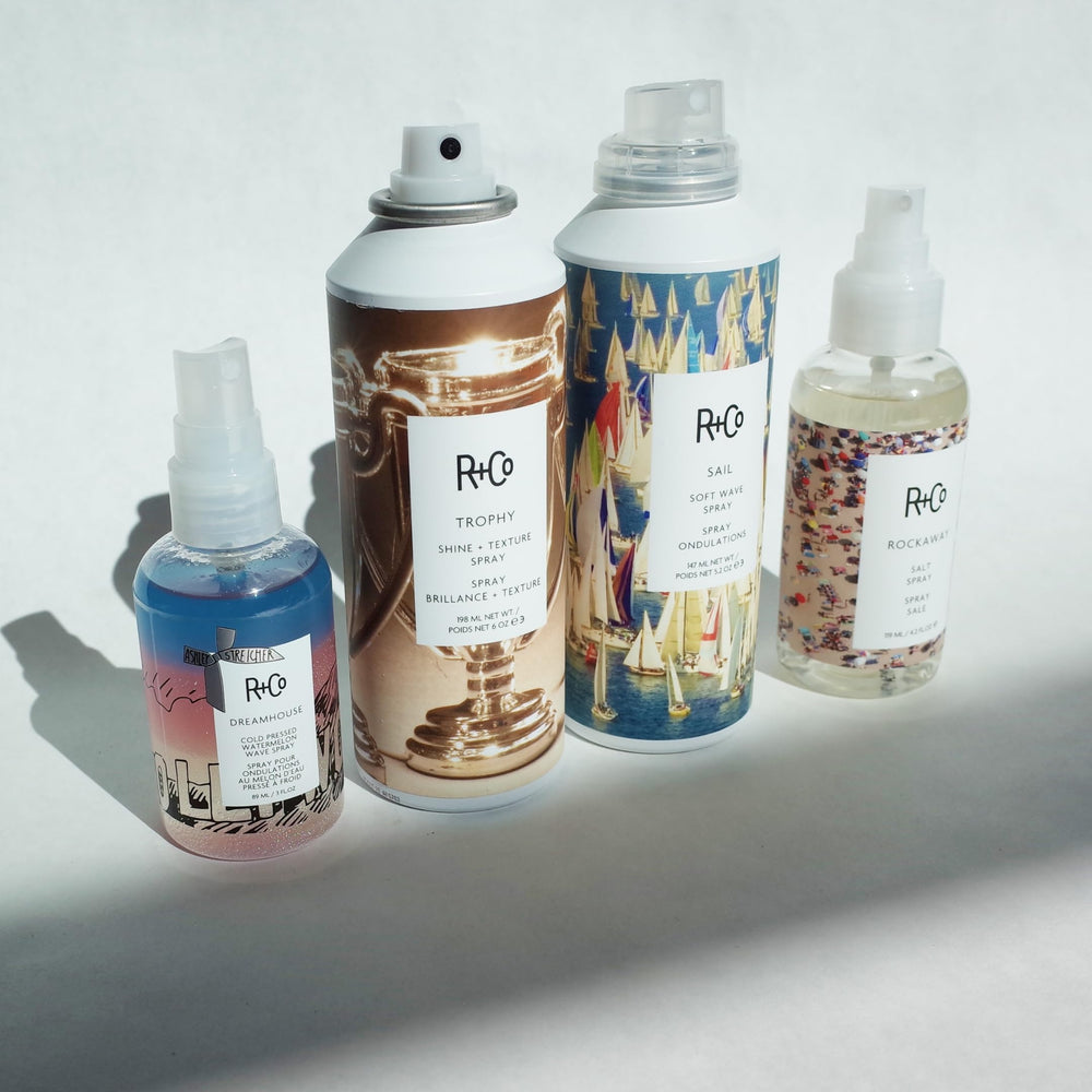 R+Co Trophy Shine Texture Spray suitable for all hair types, versatile styling.