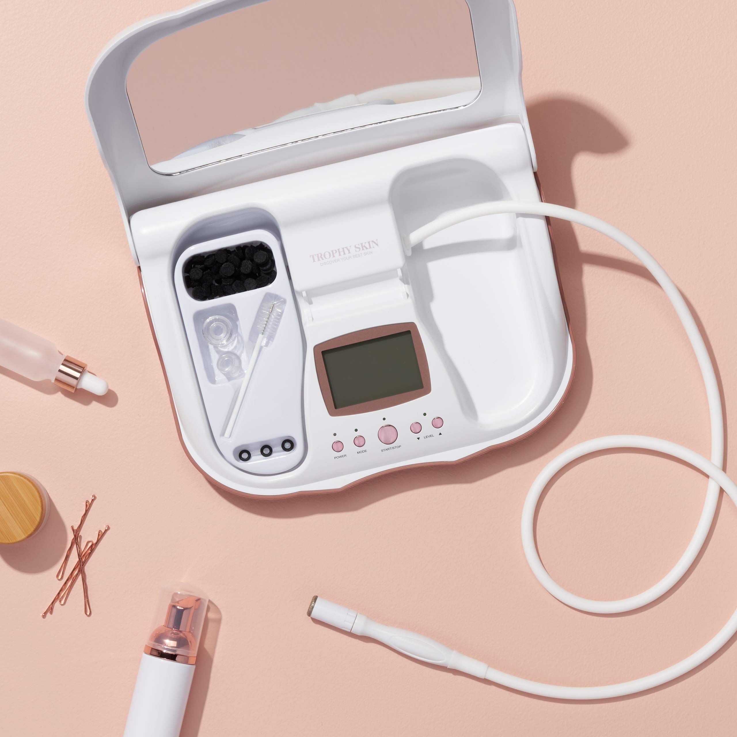 Trophy Skin MicrodermMD at-home spa setup for convenient skincare sessions.
