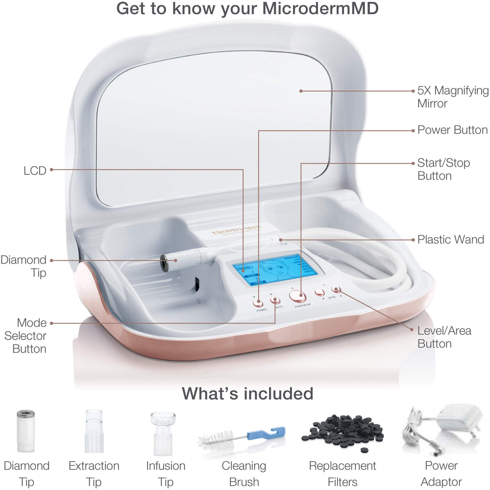 Trophy Skin MicrodermMD LCD screen displays modes for personalized microdermabrasion.