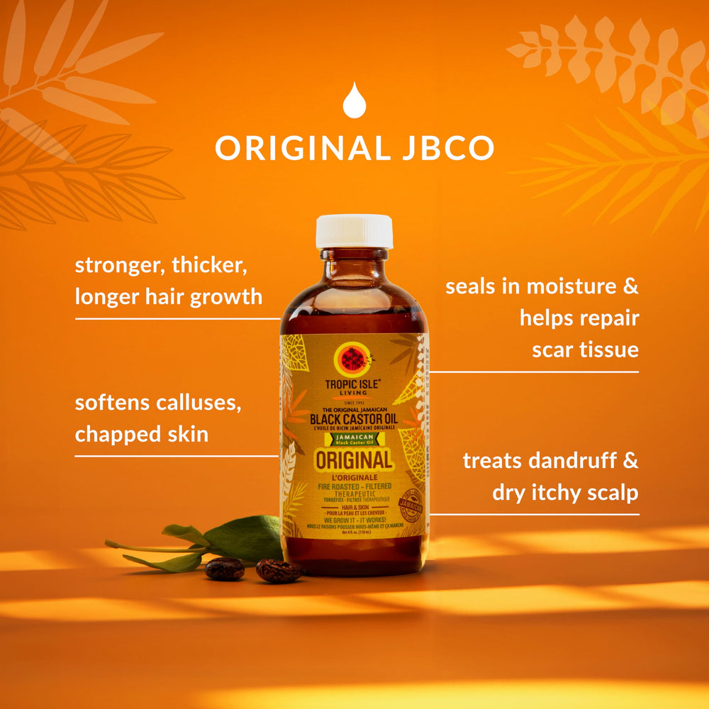 Tropic Isle Living Jamaican Black Castor Oil label close-up highlighting nourishing ingredients.