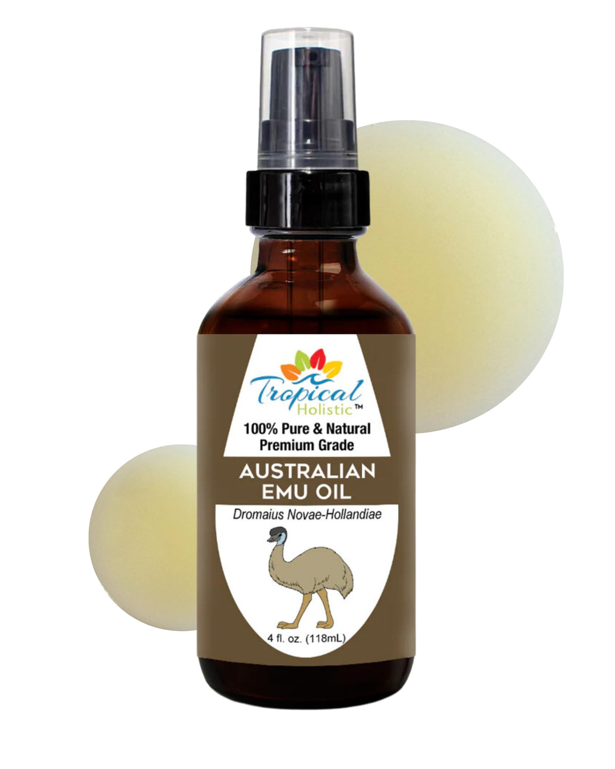 Tropical Holistic Emu Oil bottle with pump for mess-free moisturizing.